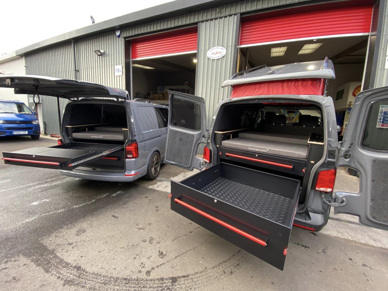 2 transporter vans with steel sliding drawers at Skyline Roofs