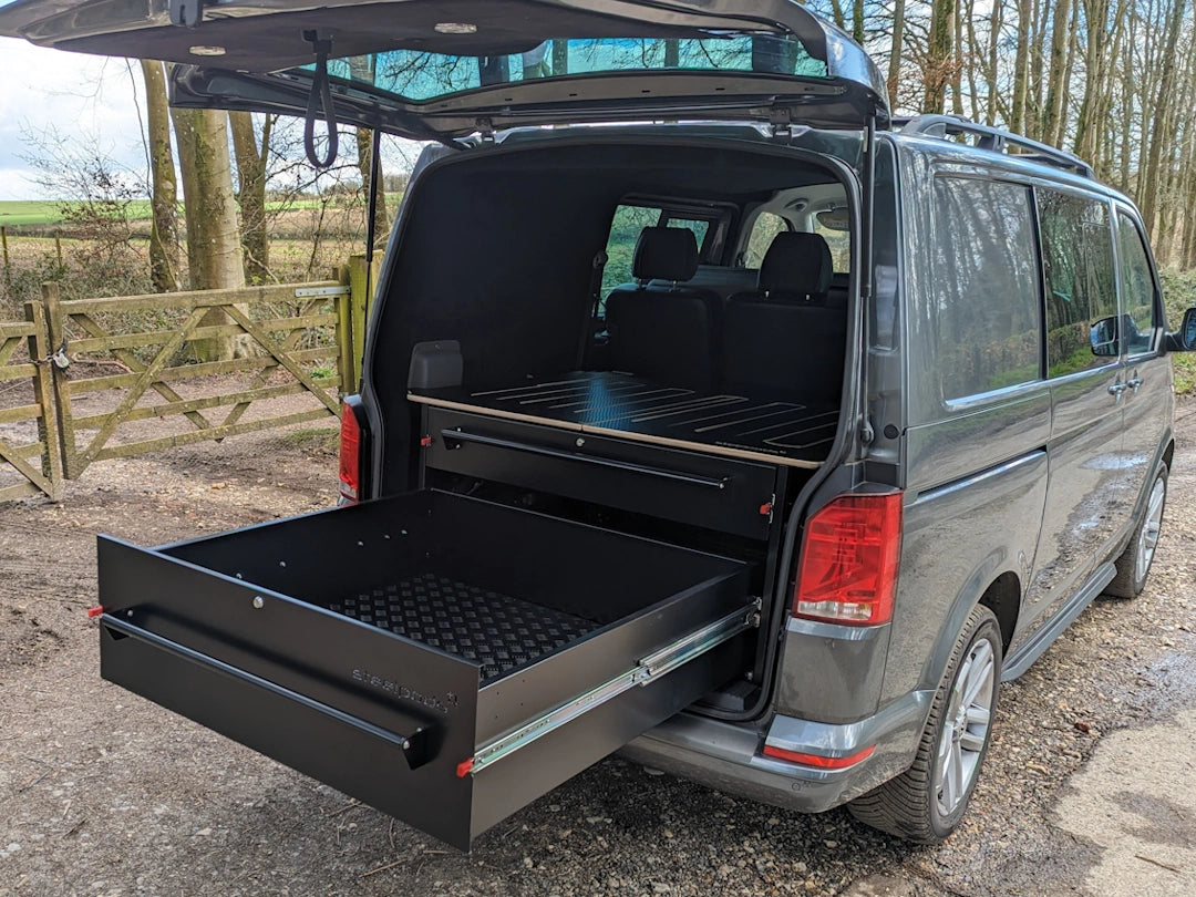 Twin steel drawers in the rear of a VW T6.1 transporter