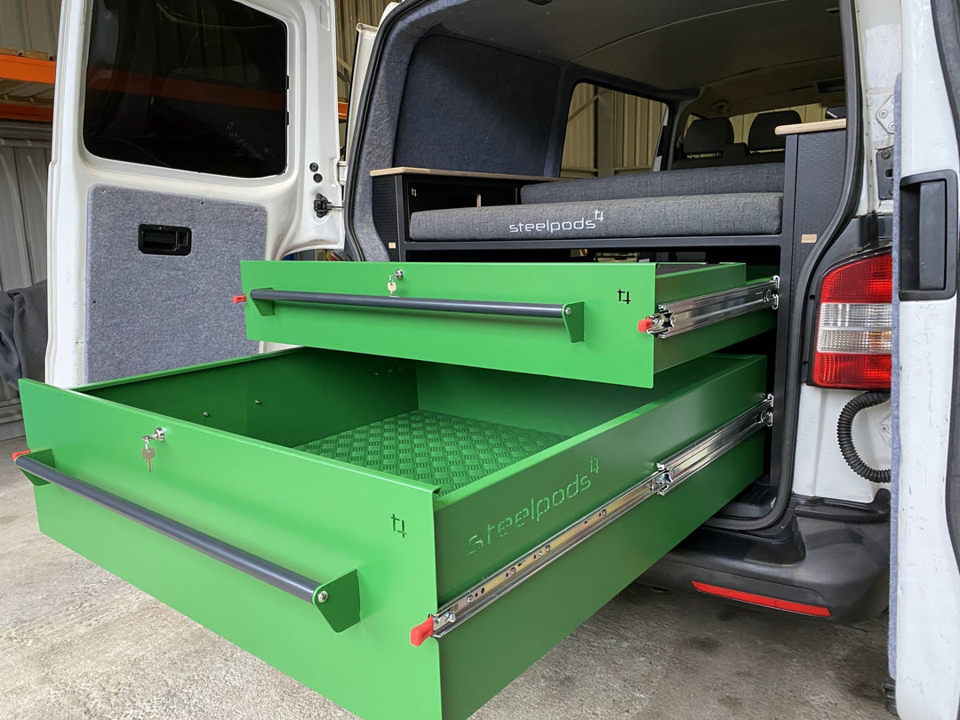 Sliding drawers, racking, bed and kitchen pod options for VW T5 - T5.1 ...